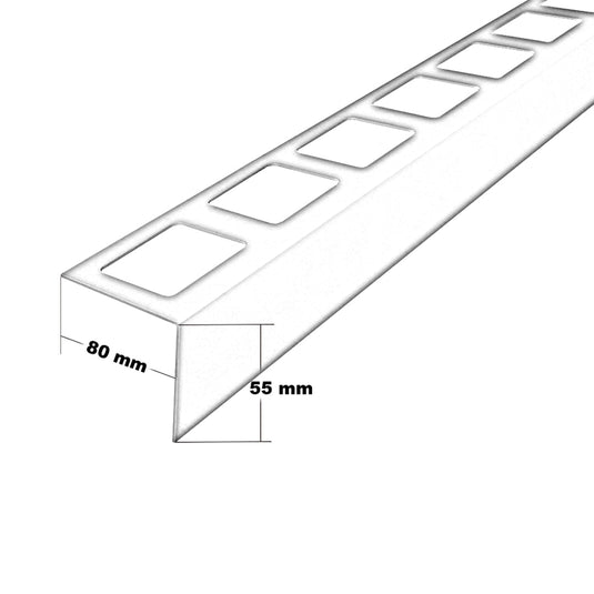Bemaßte technische Zeichnung des Balkonprofils L-Form Edelstahl. Auflageschenkel 80 mm, Blende 55 mm #farbe_55-mm