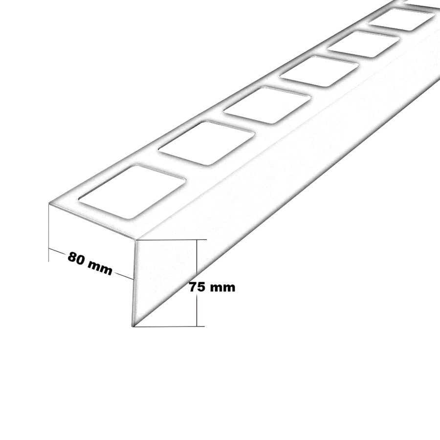 Bemaßte technische Zeichnung des Balkonprofils L-Form Edelstahl. Auflageschenkel 80 mm, Blende 75 mm #farbe_75-mm