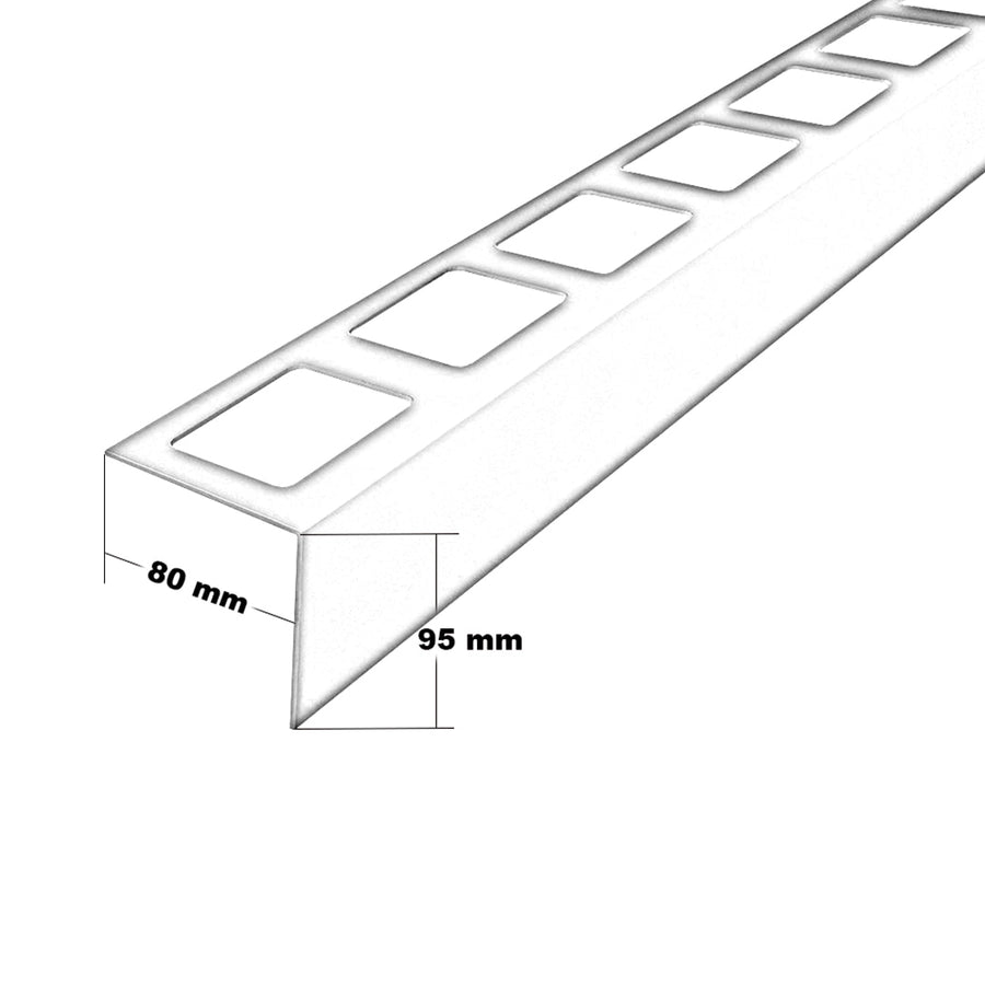 Bemaßte technische Zeichnung des Balkonprofils L-Form Edelstahl. Auflageschenkel 80 mm, Blende 95 mm #farbe_95-mm