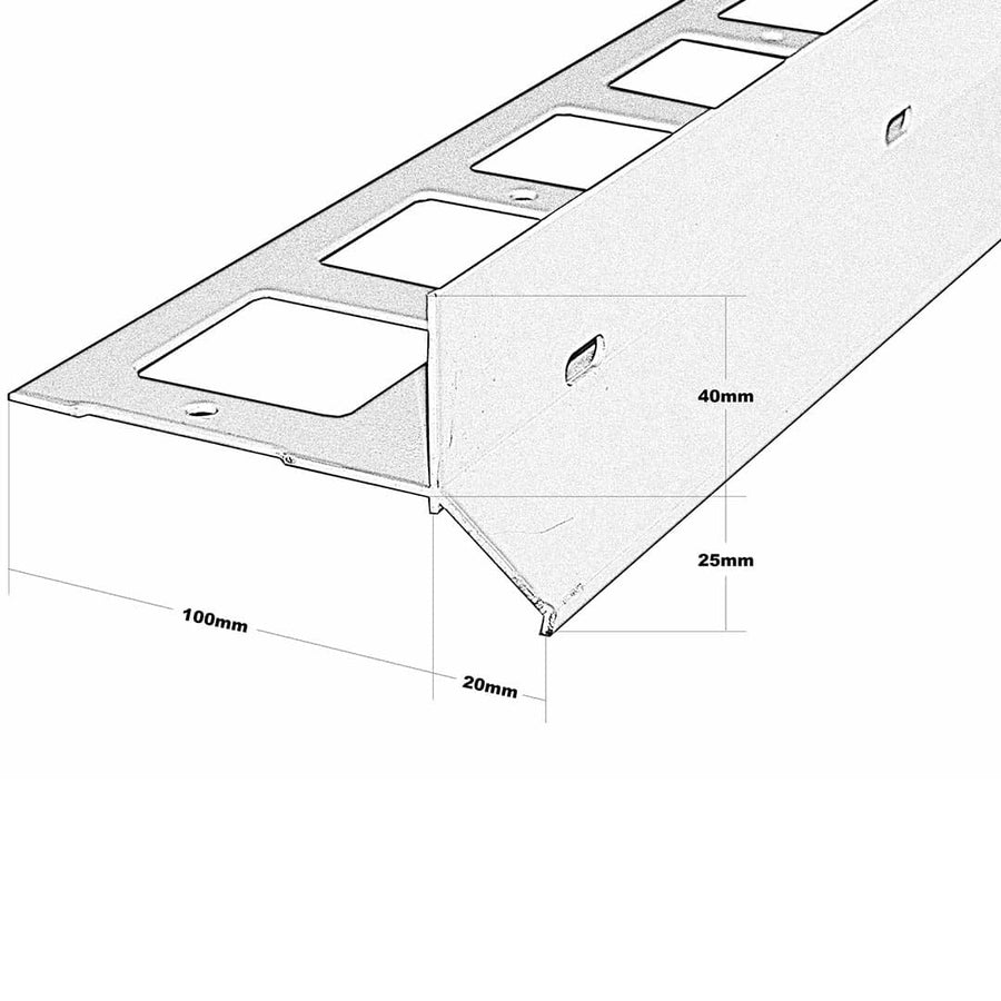 Bemaßte technische Zeichnung des Balkonprofil Y-Form. Auflageschenkel 100 mm, Blende 65 mm #A0003434 #A0001294
