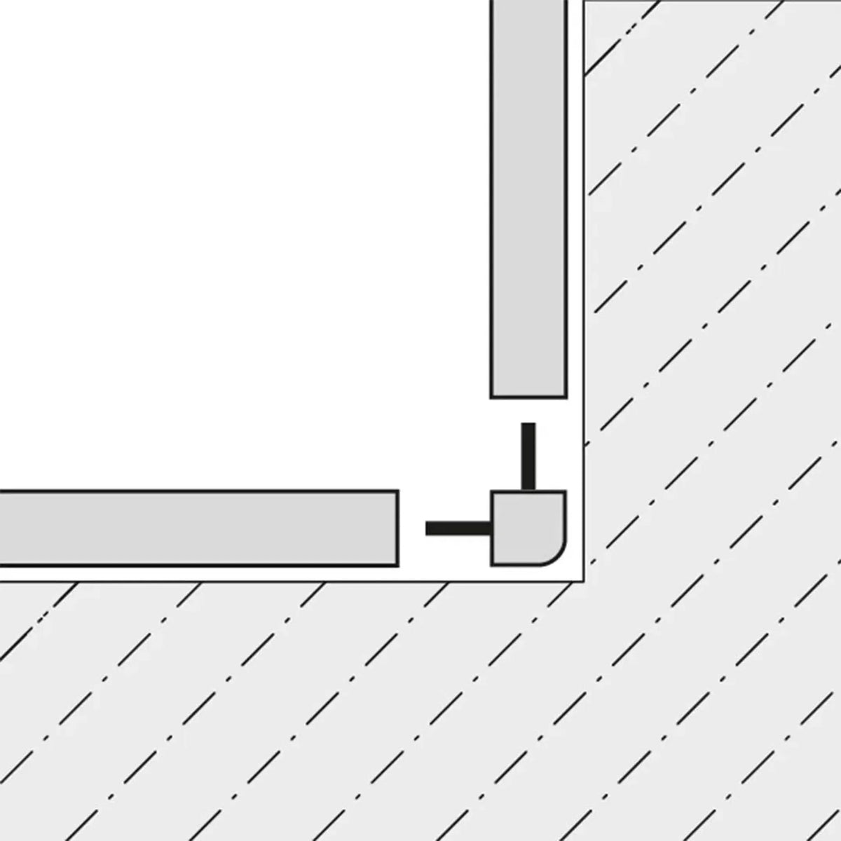Zweidimensionale Zeichnung von oben. Ecke Sockelleiste Square wird als Innenecke verwendet