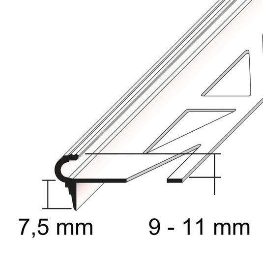 Schwarz/weiß Zeichnung des Florentiner Treppenprofils Aluminium mit Bemaßung. Abdeckung nach unten 7,5 mm, Höhe Kantenschutz 9 bis 11 mm