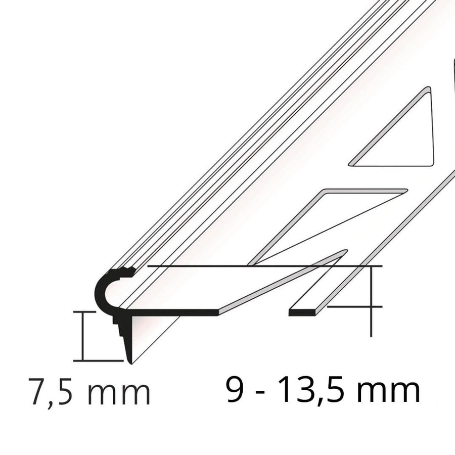 Schwarz/weiß Zeichnung des Florentiner Treppenprofils Aluminium mit Bemaßung. Abdeckung nach unten 7,5 mm, Höhe Kantenschutz 9 bis 13,5 mm