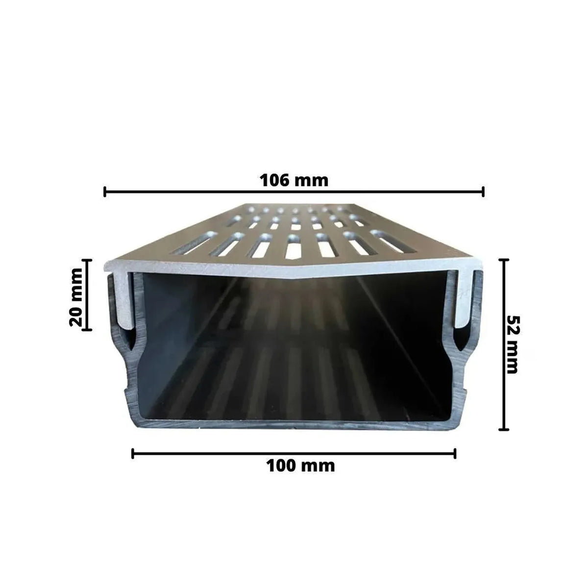 Flache und breite Entwässerungsrinne UD Pro 100 mit silbernem Rost und schwarzen Rinnenkörper bemaßt #A0003387 #A0003383