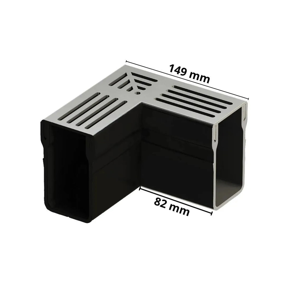 Bemaßtes Detailfoto des rechtwinkligen, hohen und schmalen Eckstück UD Pro 65 mit silbernem Rost #A0003397