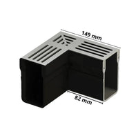 Bemaßtes Detailfoto des rechtwinkligen, hohen und schmalen Eckstück UD Pro 65 mit silbernem Rost #A0003397