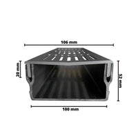 Flache und breite Entwässerungsrinne UD Pro 100 mit schwarzem Rost und schwarzen Rinnenkörper bemaßt #A0003388 #A0003386