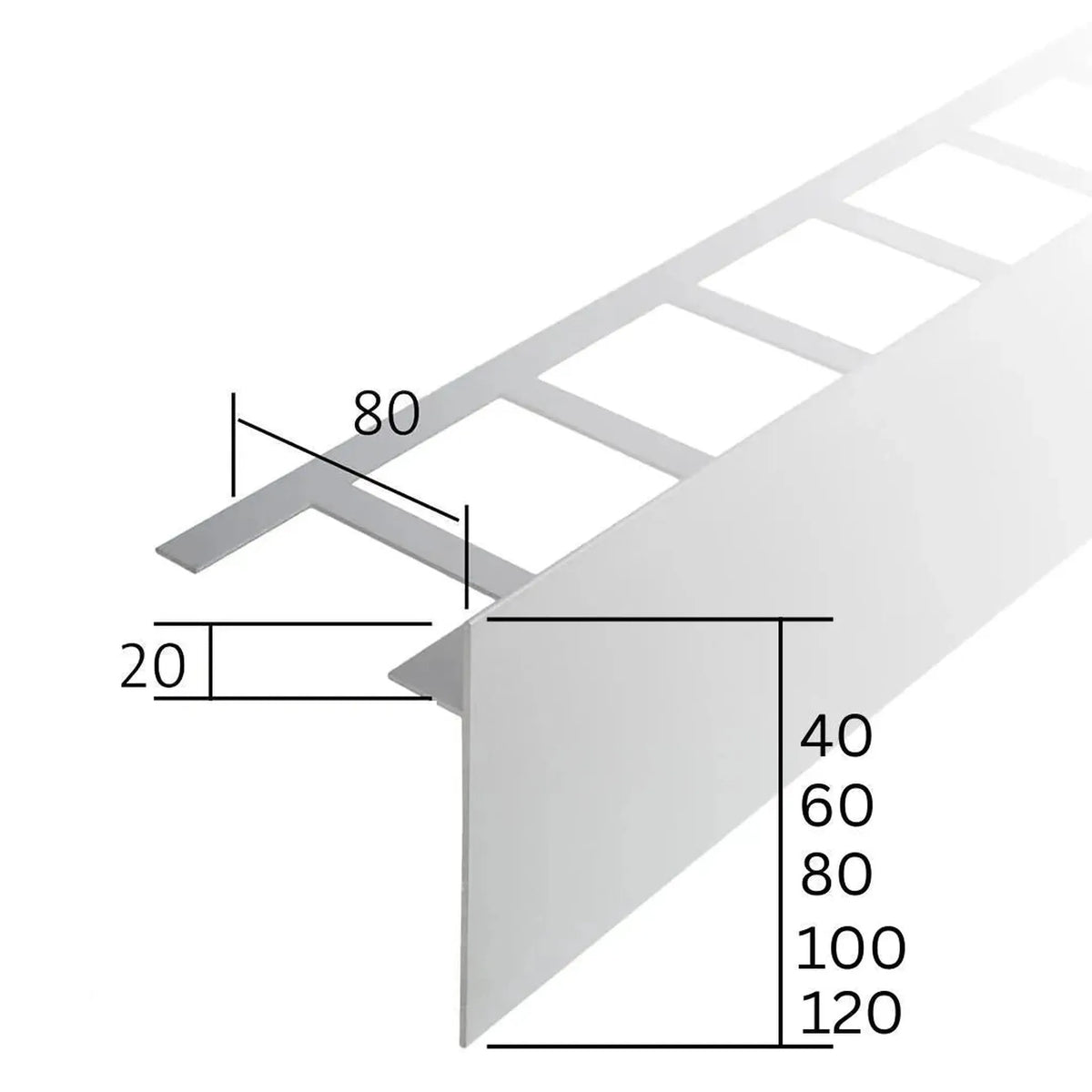 Technische Zeichnung mit Bemaßung. Schenkelbreite 80 mm, Blendenhöhe 40, 60, 80, 100, 120 mm
