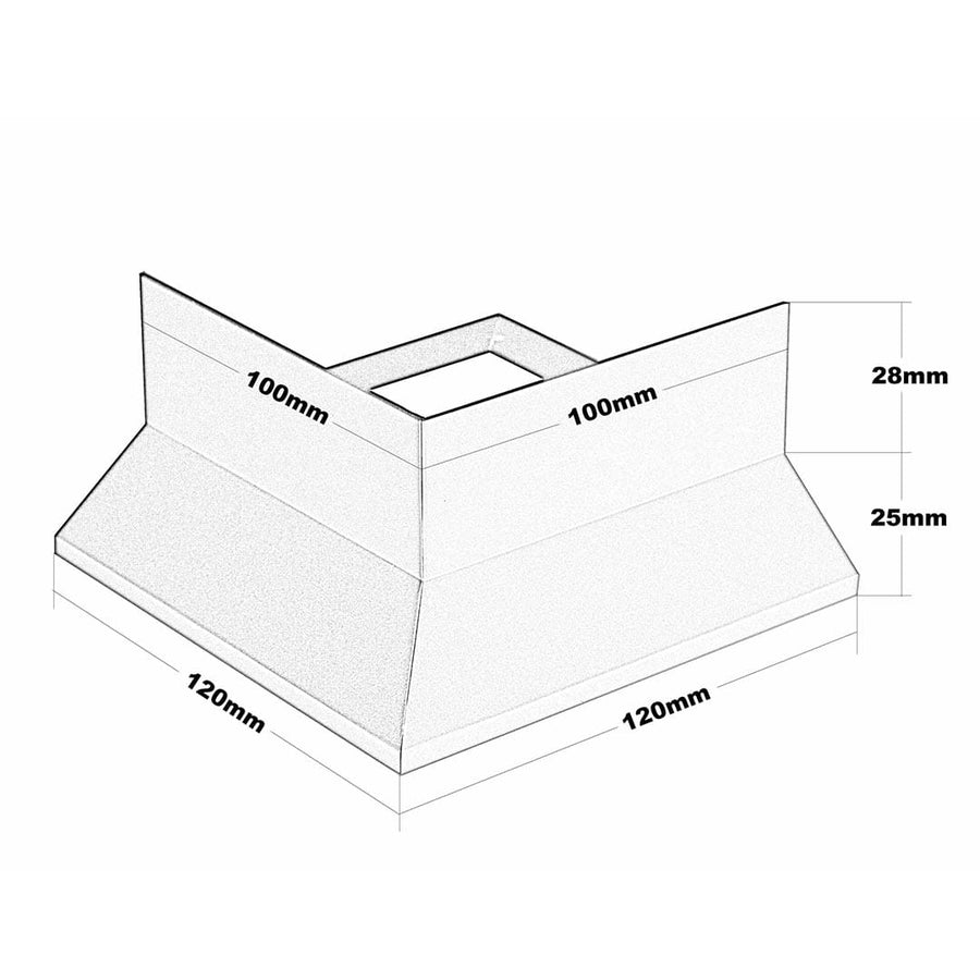 Technische Zeichnung des Eckstücks Balkonprofil Y-Form. 120 mm Breite unten, 120 mm Länge unten, 100 mm Breite oben, 100 mm Länge oben, 53 mm Höhe #A0003429 #A0001312