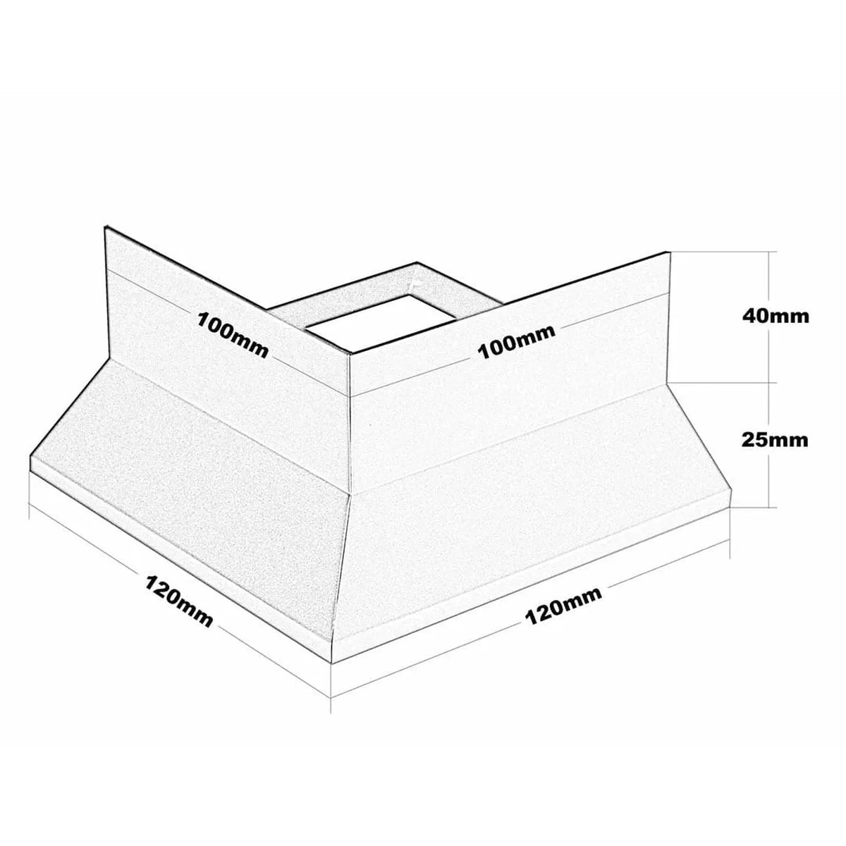 Technische Zeichnung des Eckstücks Balkonprofil Y-Form. 120 mm Breite unten, 120 mm Länge unten, 100 mm Breite oben, 100 mm Länge oben, 65 mm Höhe #A0003437 #A0001316