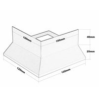 Technische Zeichnung des Eckstücks Balkonprofil Y-Form. 120 mm Breite unten, 120 mm Länge unten, 100 mm Breite oben, 100 mm Länge oben, 65 mm Höhe #A0003437 #A0001316