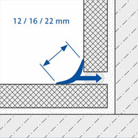 Two-dimensional dimensioned drawing of on installed wall connection profiles T-COVE. diagonal: 12/ 16/ 22 mm
