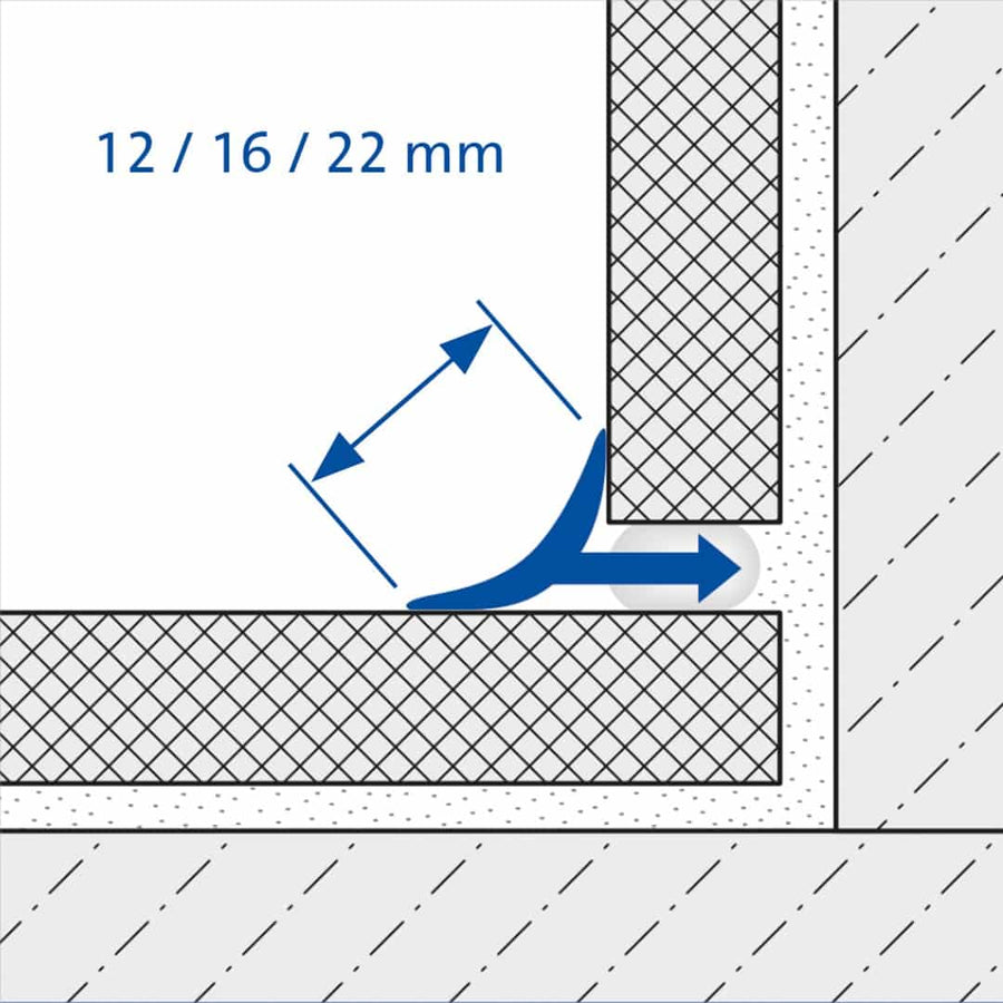 Zweidimensionale, bemaßte Zeichnung eines verbauten Wandanschlussprofils T-COVE. Diagonale: 12/ 16/ 22 mm