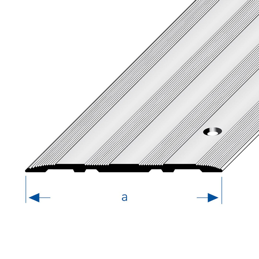 Zeichnung mit Breitenangabe "a" eines silbernen Abdeckprofils mit geriffelter Oberfläche und Bohrung #A0002939 #A0002943