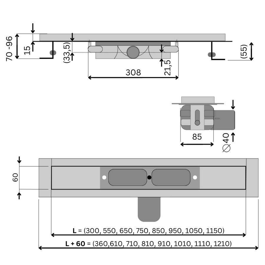 Drawing shower channel stainless steel complete set