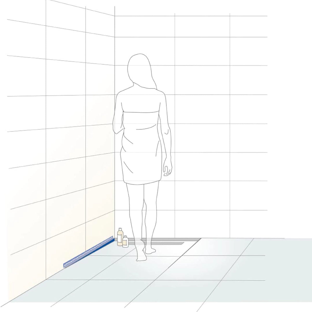 Ilustracja zamontowanego lewego klina spadkowego do bocznego połączenia ściennego z kobietą w kabinie prysznicowej #A0002345 #A0004462 #A0002347 #A0004468 #A0002351 #A0004463 #A0002353 #A0004469 #A0002355 #A0004464 #A0004470 #A0005205 #A0005206 #A0005207 #A0005208 #A0002357