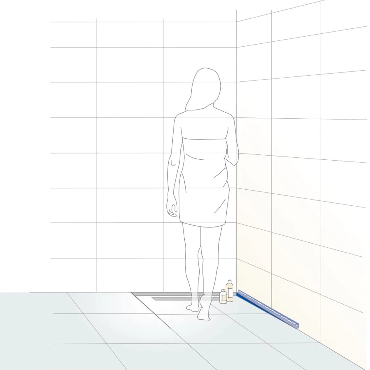 Ilustracja zamontowanego prawego klina spadkowego do bocznego połączenia ściennego z kobietą w kabinie prysznicowej #A0002346 #A0004465 #A0002348 #A0004471 #A0002352 #A0004466 #A0002354 #A0004472 #A0002356 #A0004467 #A0002358 #A0004473 #A0005209 #A0005210 #A0005211 #A0005212
