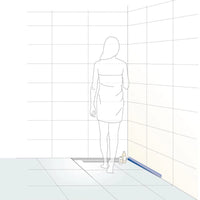 Ilustracja zamontowanego prawego klina spadkowego do bocznego połączenia ściennego z kobietą w kabinie prysznicowej #A0002346 #A0004465 #A0002348 #A0004471 #A0002352 #A0004466 #A0002354 #A0004472 #A0002356 #A0004467 #A0002358 #A0004473 #A0005209 #A0005210 #A0005211 #A0005212