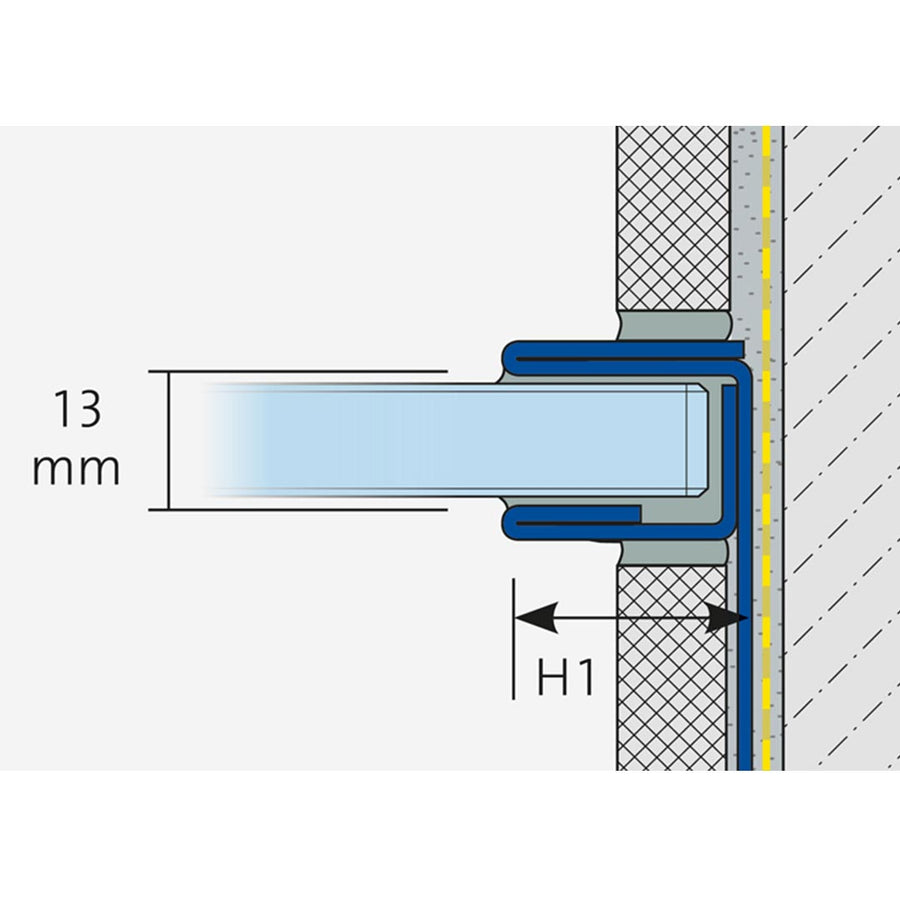 Zweidimensional Zeichnung des verbauten DURAL U Profils für Glas mit 13 mm Glas und eingezeichneter Höhe H1