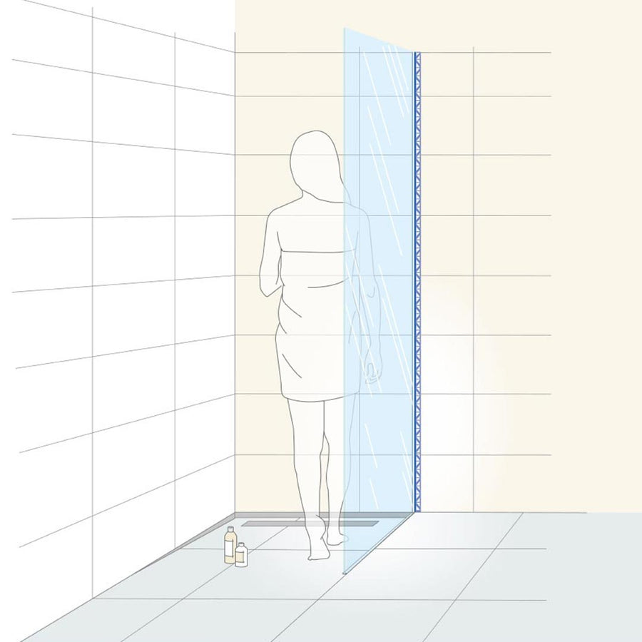 Illustration des verbauten DURAL U Profils zur Glasaufnahme mit einer in der Duschkabine stehenden Frau