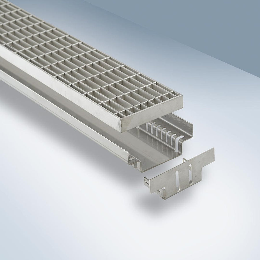 Nahaufnahme Drainagerinne DW Drain schmal mit Endkappe #farbe_100-mm