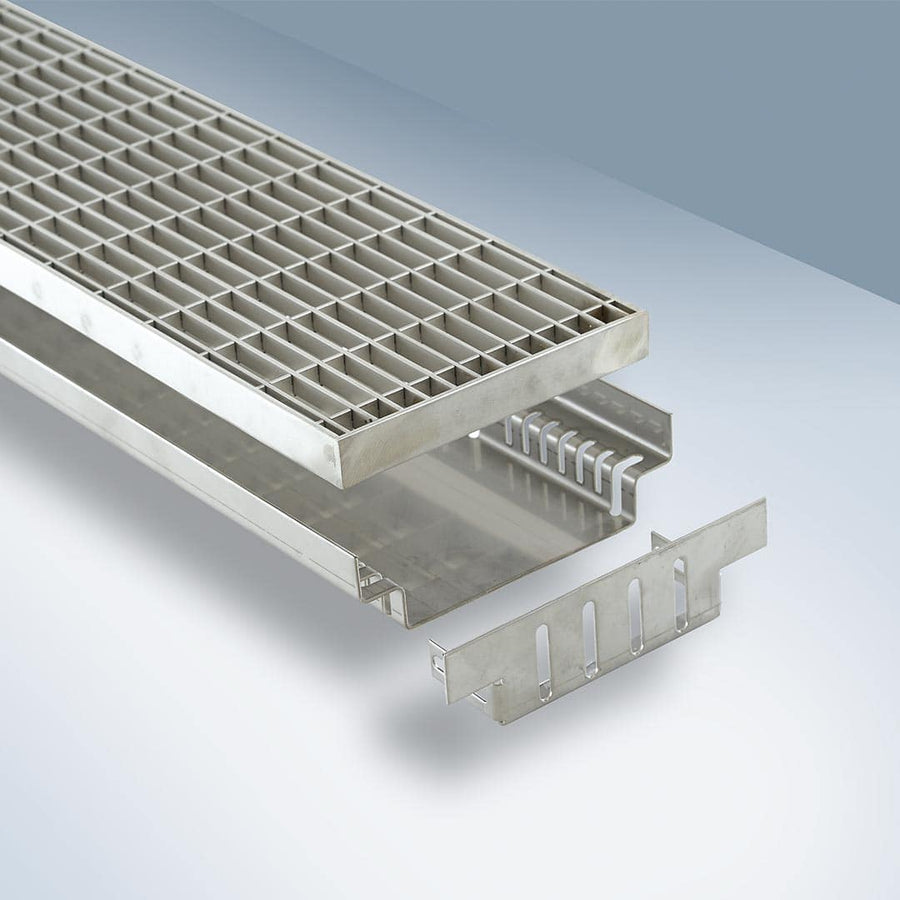 Nahaufnahme DW Drainagerinne breit mit Endkappe #farbe_140-mm