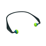 Zwei neongrüne Gehörschutzstöpsel verbunden mit schwarzem Bügel