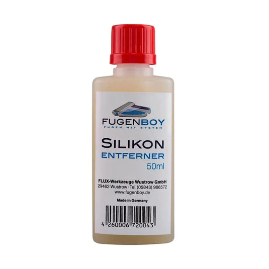 Fugenboy Silikonentferner in durchsichtiger Flasche mit Etikett und roten Deckel