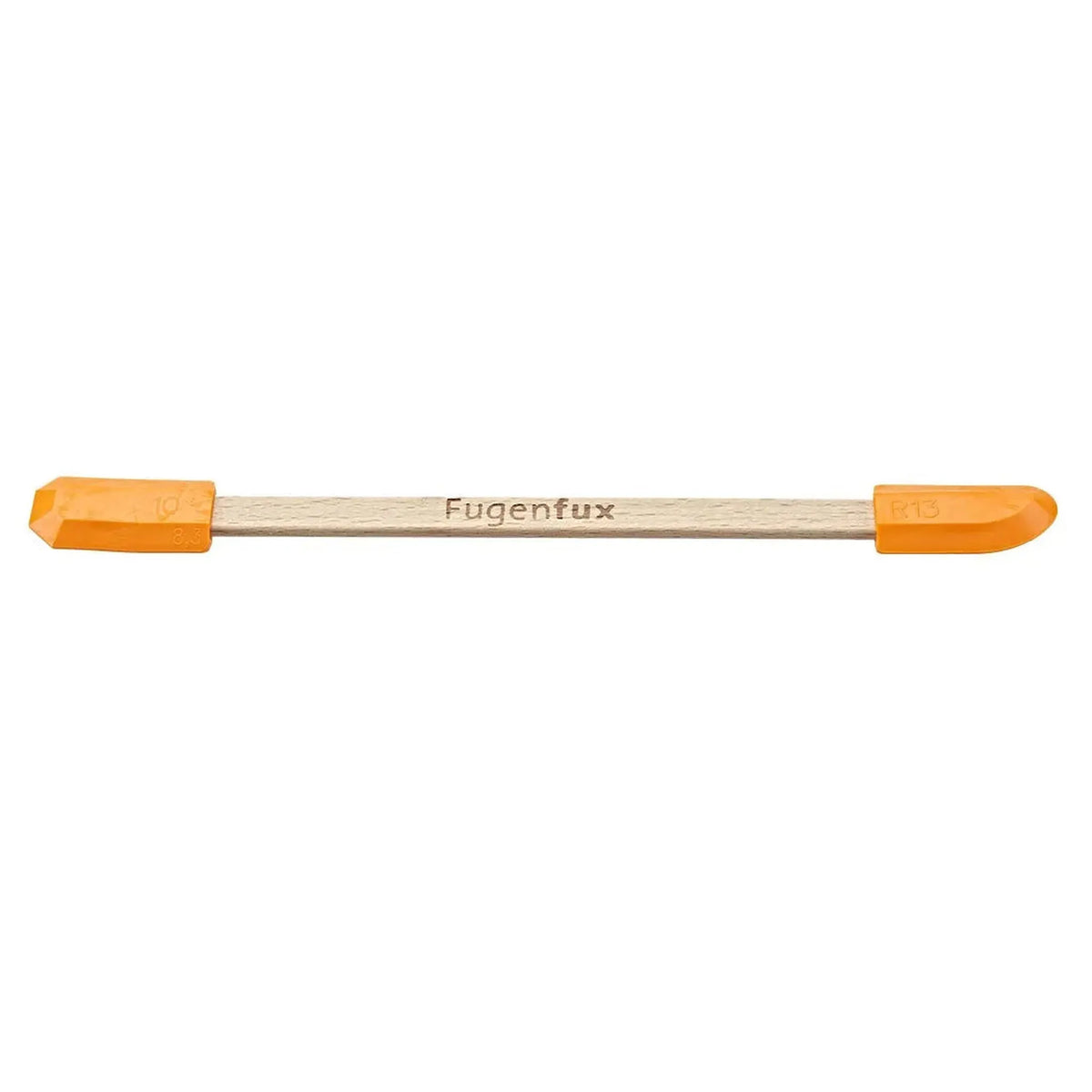 Nahaufnahme Fugenfux Multitool 2 in 1. Holzstab mit zwei Kunststoffenden, einer davon abgerundet, einer kantig 