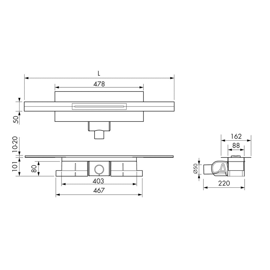 Technische Zeichnung kürzbare Duschrinne Edelstahl mit 101mm Einbauhöhe #A0005320
#A0005321
#A0005322
#A0005326
#A0005327
#A0005328
#A0005332
#A0005333
#A0005334
