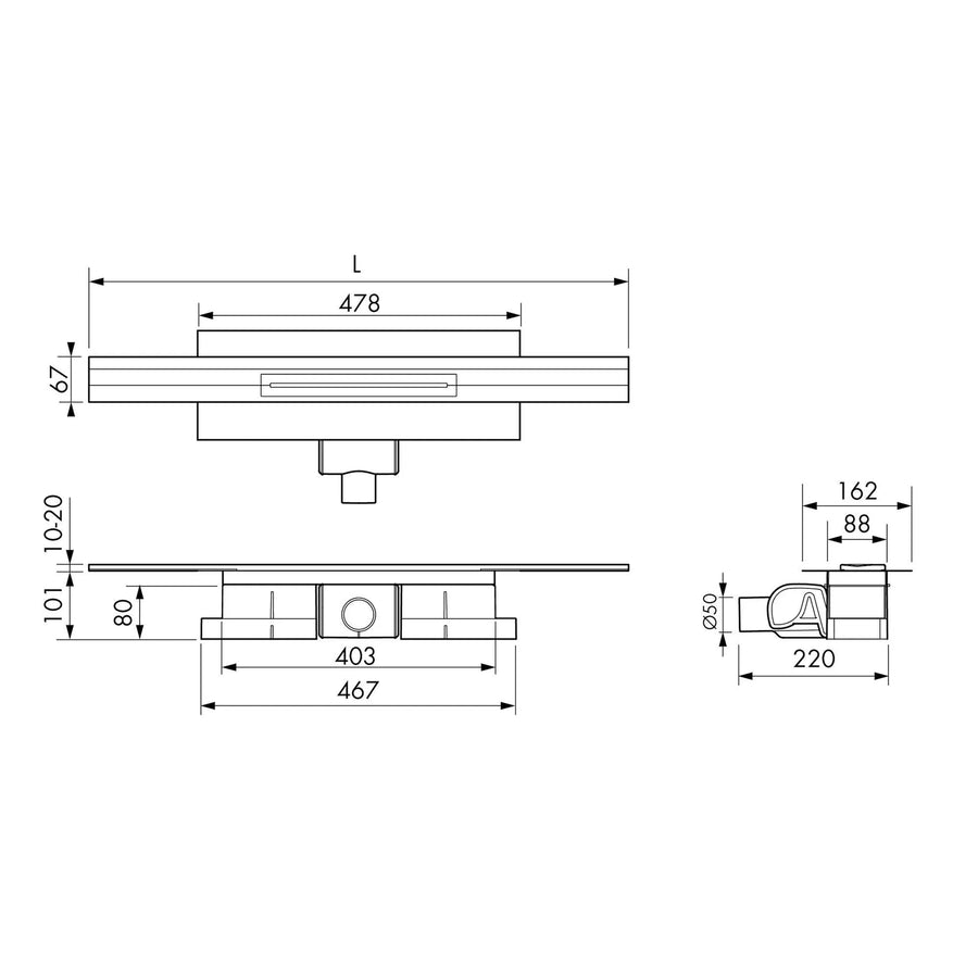 Technische Zeichnung des kürzbaren Duschrinnen Komplettsets für den Wandanschluss mit 101mm Einbauhöhe. #A0005338
#A0005339
#A0005340
#A0005344
#A0005345
#A0005346
#A0005350
#A0005351
#A0005352

