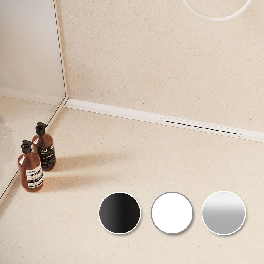 Ambientebild des kürzbaren Duschrinnen Komplettsets für den Wandanschluss mit weißem Rost #A0005337
#A0005340
#A0005343
#A0005346
#A0005349
#A0005352
