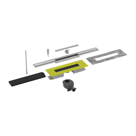 Kürzbares Duschrinnen Komplettset für den Wandanschluss mit einem gebürstetem Rost und 71mm Einbauhöhe aufgeteilt in Einzelteile. #A0005335
#A0005341
#A0005347
