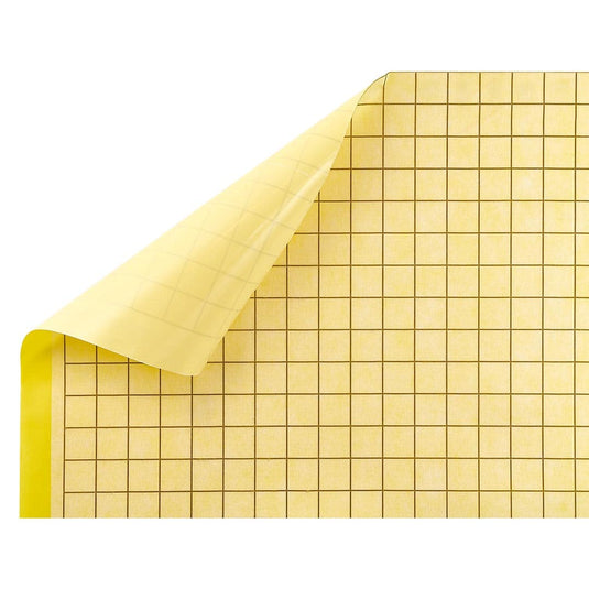 Gelbe, selbstklebende Abdichtungsbahn mit Vlies und eingezeichneten Quadraten