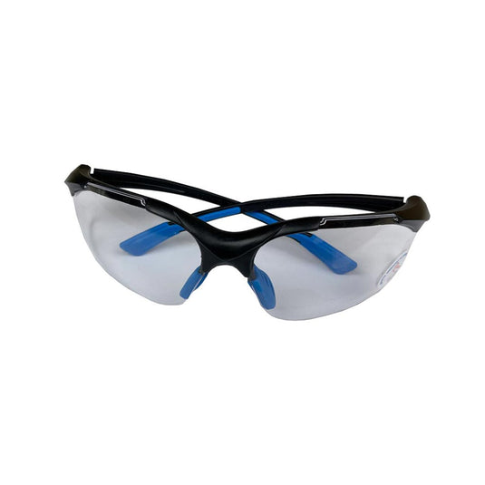 Arbeitsschutzbrille mit schwarz blauen Bügel und getönten Brillengläsern aus Kunststoff
