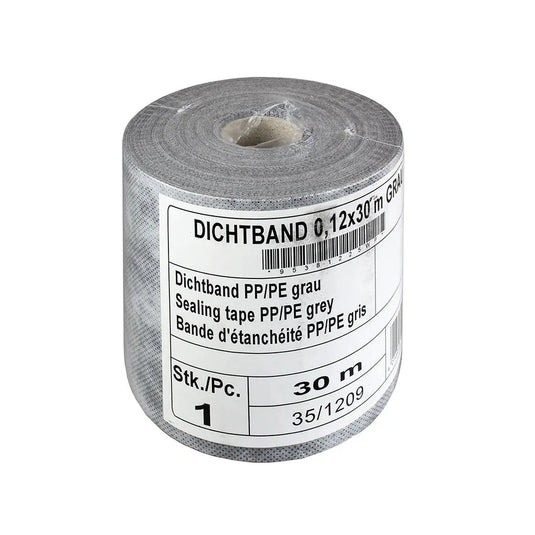 30 m graues Abdichtungsband aus PP/PE auf einer Rolle mit Etikett #farbe_120-mm