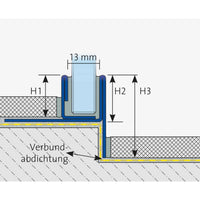 Bemaßte zweidimensionale Zeichnung DURAL Gefällekeil Glasaufnahme links. Breite Glasfassung: 13 mm, eingezeichnete H1 - H3 #A0002772 #A0002774 #A0002776 #A0002905