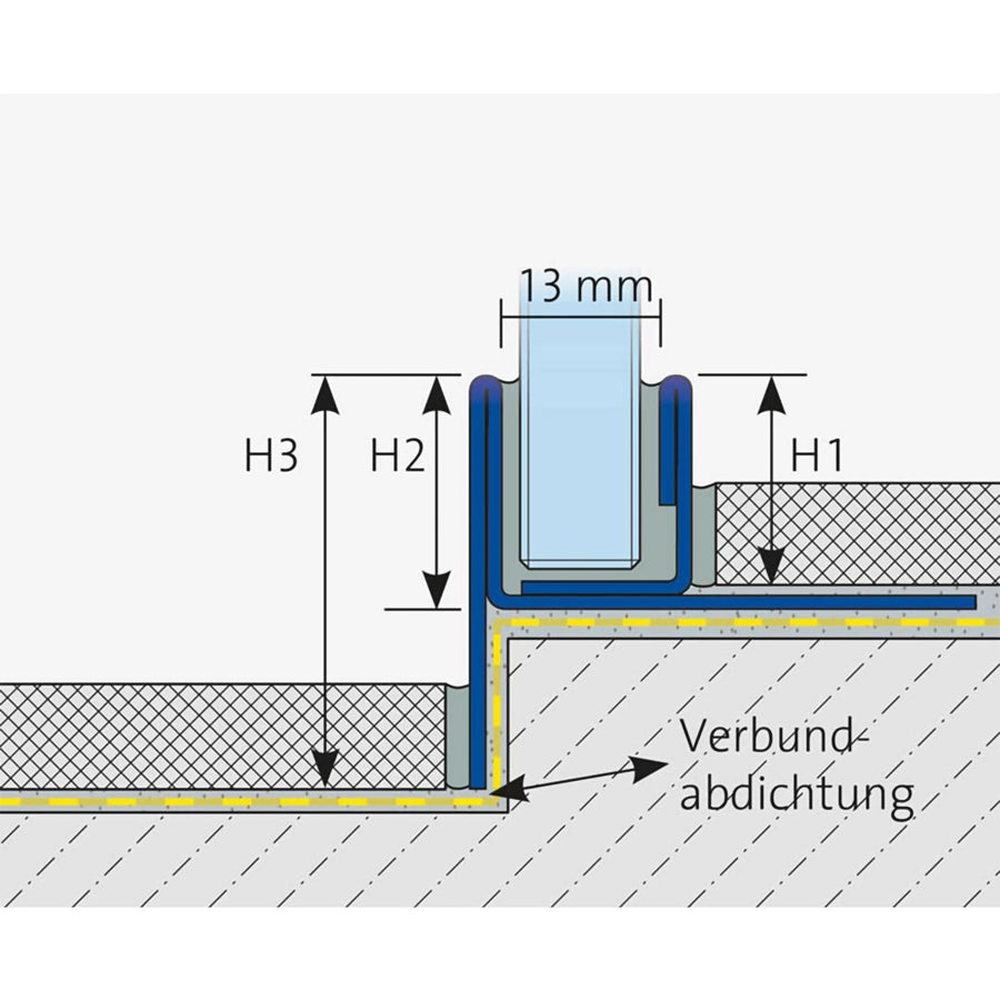 Bemaßte zweidimensionale Zeichnung DURAL Gefällekeil Glasaufnahme rechts. Breite Glasfassung: 13 mm, eingezeichnete H1 - H3 #A0002773 #A0002775 #A0002777 #A0002906