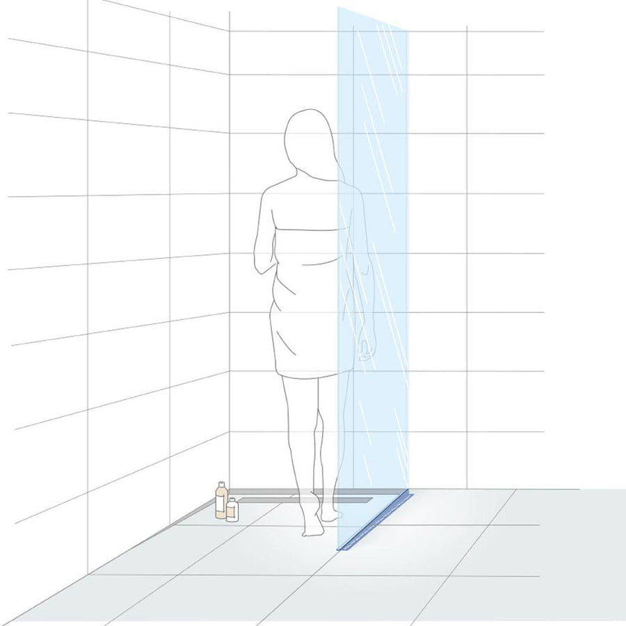 Illustration eines verbauten rechten DURAL Gefällekeils Glasaufnahme mit Frau in Dusche #farbe_rechts