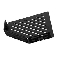 Detailbild schwarze TI-SHELF fünfeckige Eckablage Aluminium mit Line-Muster und Reling #A0004293