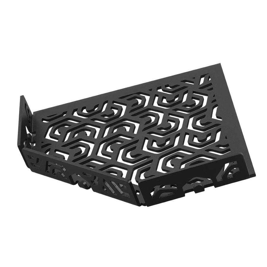 Detailbild schwarze TI-SHELF fünfeckige Eckablage Aluminium mit Penta-Muster und Reling #A0004295