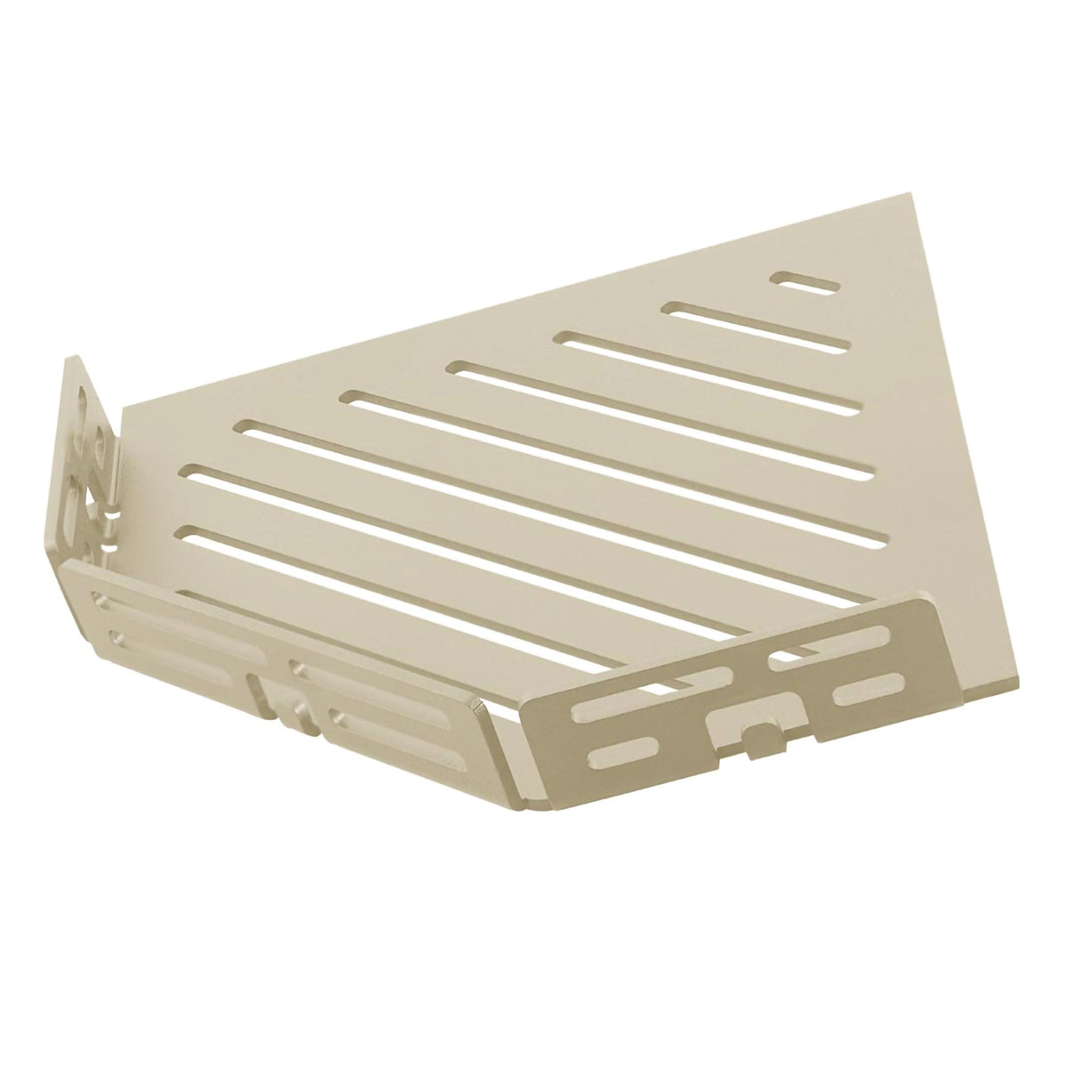 Detailbild sandfarbene TI-SHELF fünfeckige Eckablage Aluminium mit Line-Muster und Reling #A0004325