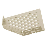 Detailbild sandfarbene TI-SHELF fünfeckige Eckablage Aluminium mit Line-Muster und Reling #A0004325