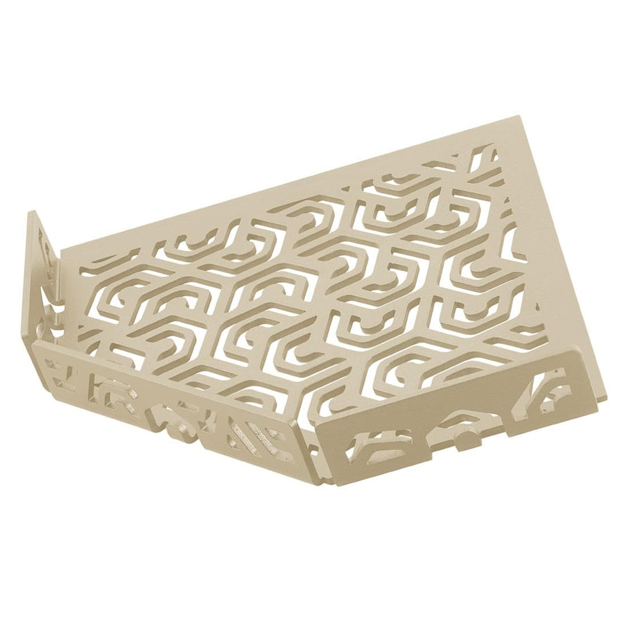 Detailbild sandfarbene TI-SHELF fünfeckige Eckablage Aluminium mit Penta-Muster und Reling #A0004327