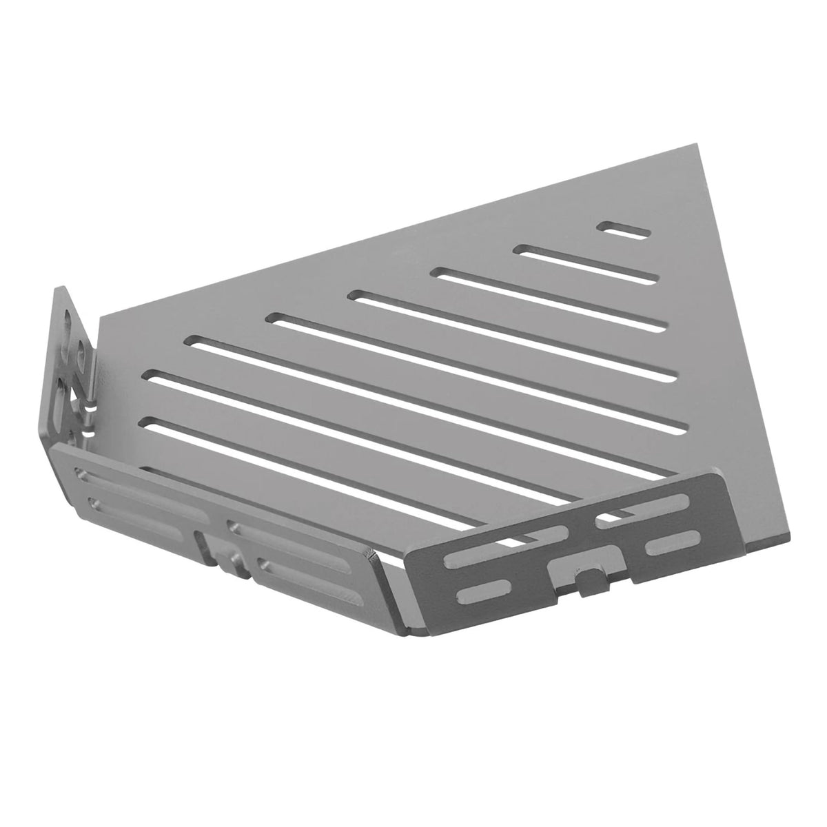 Detailbild betongraue TI-SHELF fünfeckige Eckablage Aluminium mit Line-Muster und Reling #A0004309