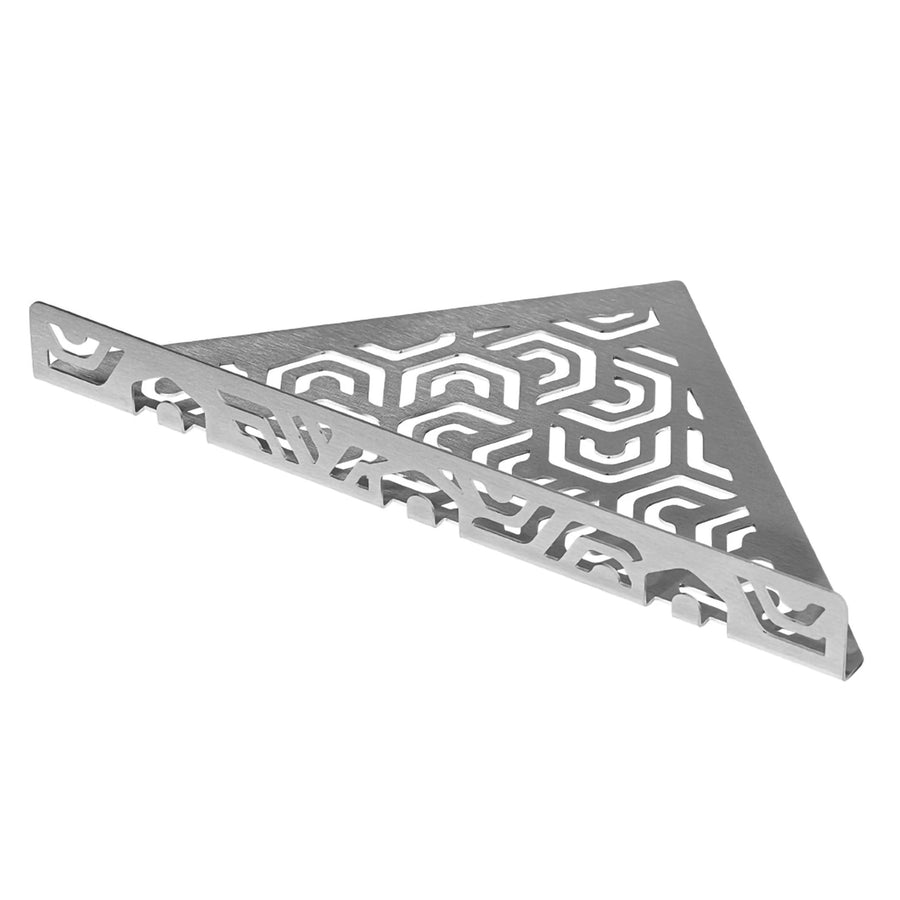 Detailbild TI-SHELF dreieckige Edelstahlablage mit Penta-Muster und Reling #A0004347