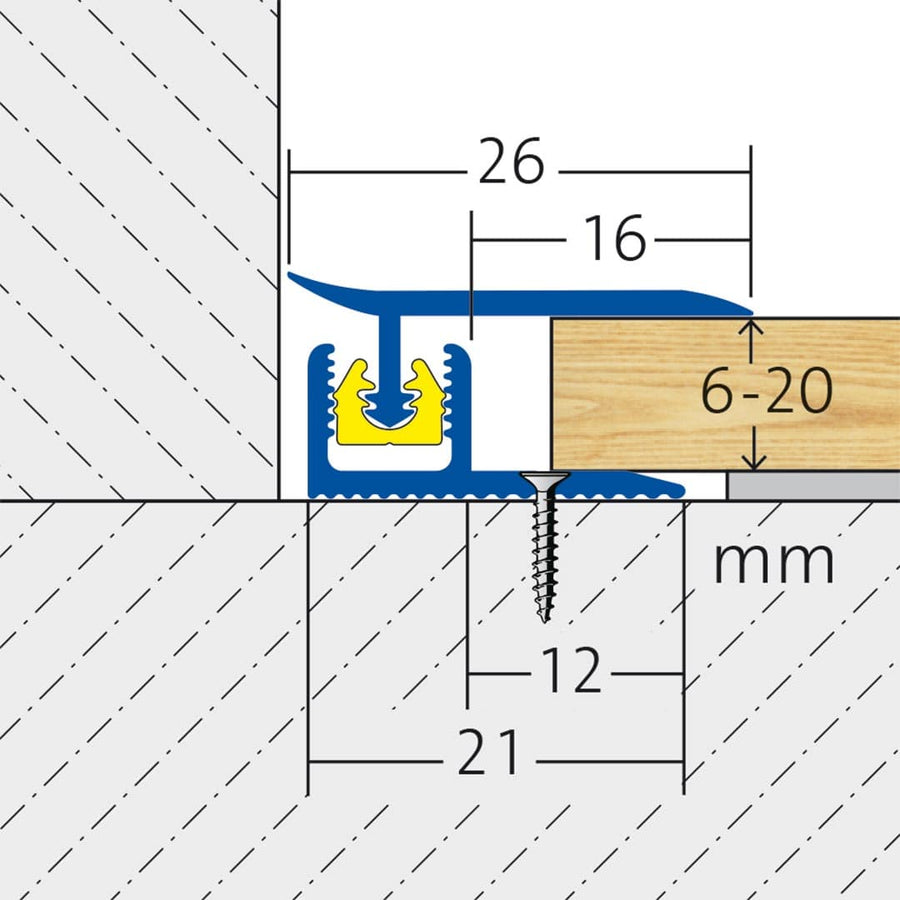 Zweidimensionale technische Zeichnung des Wandanschlussprofils CLIP mit Bemaßung