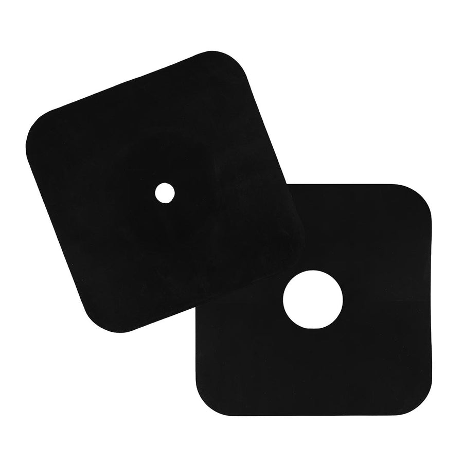 Zwei schwarze, selbstklebende Dichtmanschetten. Eine mit mittiger Öffnung für DN15 und eine für DN50