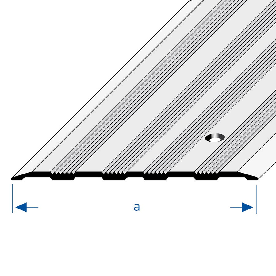 Zeichnung mit Breitenangabe "a" eines silbernen Abdeckprofils mit Bohrung und geriffelter Oberfläche #A0002940 #A0002944